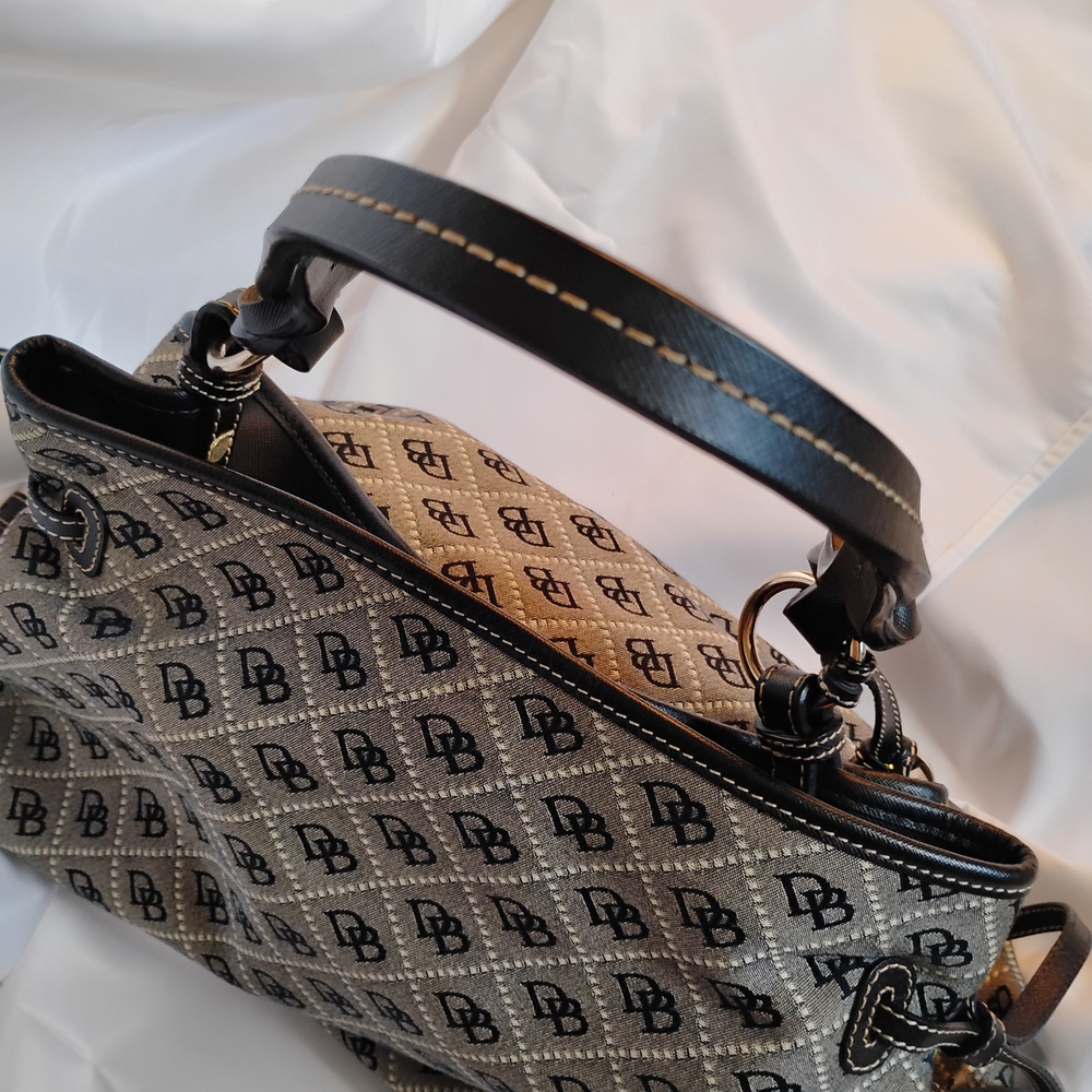 Dooney & Bourke Leather And Fabric Large Black and Tan Monogram Shoulder Bag